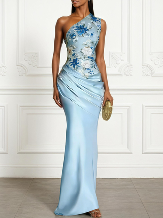 Light Blue Floral Satin One Shoulder Sleeveless Sheath Floor length Gown Dress