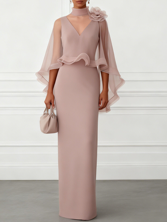 Nude 3D Floral Mesh Classic Mock Neck Half Sleeve Sheath Floor length Gown Dress