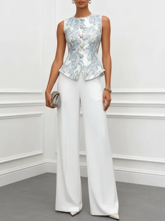 Jacquard Floral Buckle Crew Neck Sleeveless Dressy Top Pants Two Piece Set
