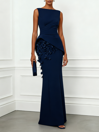 Navy Blue 3D Floral Classic Boat Neck Sleeveless Sheath Gown Dress
