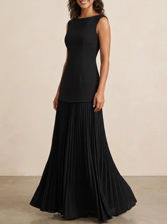 Pleated Maxi Boat Neck Sleeveless Line Bridesmaid Dress