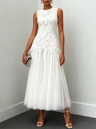 Lace Classic Crew Neck Sleeveless Line Maxi Dress