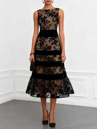 Mesh Lace Jacquard Boat Neck Sleeveless Line Midi Dress