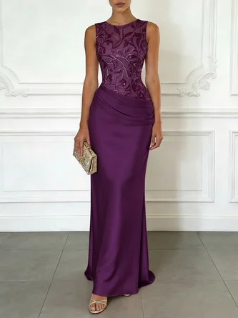 Embroidery Satin Crew Neck Sleeveless Sheath Gown Dress