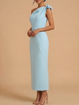 Light Blue One Shoulder Bow Knot Ruched Maxi Bridesmaid Dress