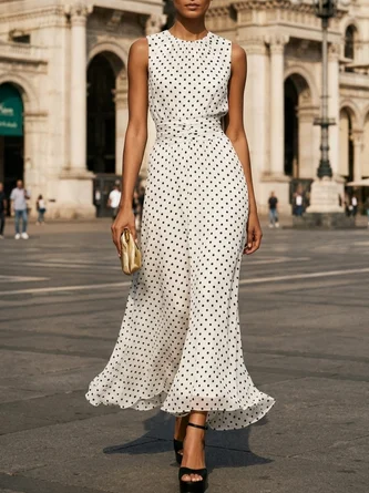 Polka Dots Ruched Chiffon Crew Neck Sleeveless Line Maxi Dress