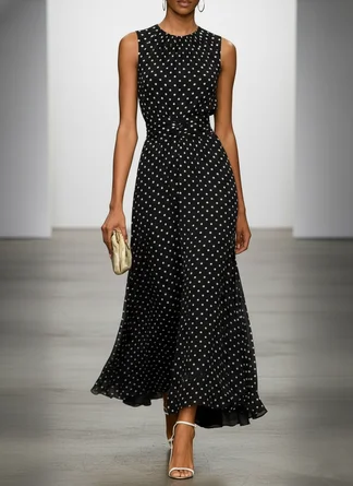 Black Polka Dots Ruched Chiffon Crew Neck Sleeveless A-Line Maxi Dress
