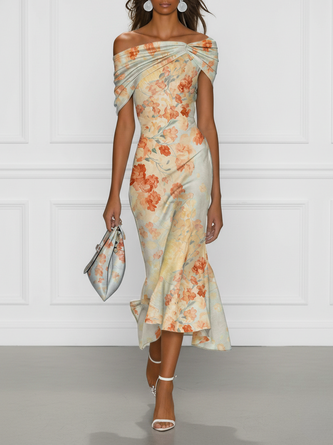 Light Blue Floral Classic Off Shoulder Short Sleeve Mermaid Midi Dress