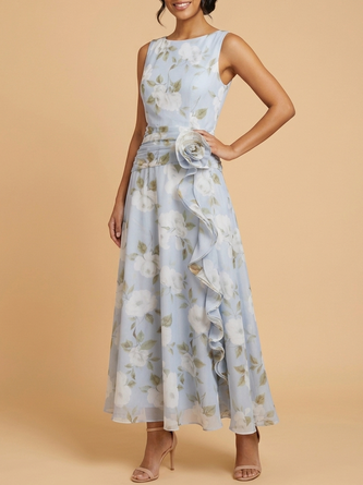 Light Blue Floral Boat Neck Ruffle Maxi Bridesmaid Dress