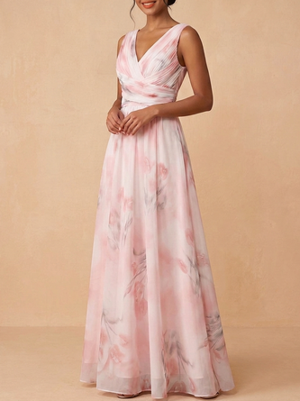 Blush Pink Floral Chiffon V Neck Line Maxi Bridesmaid Dress