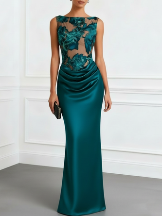Cyan Jacquard Ruched Satin Boat Neck Sleeveless Sheath Floor length Gown Dress