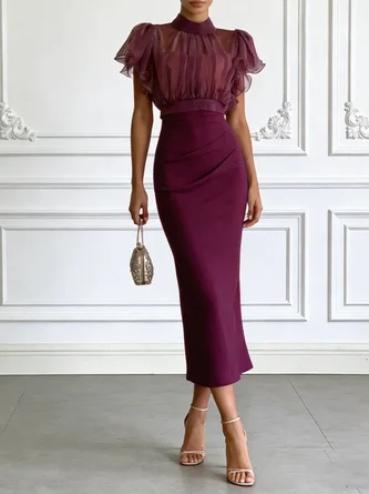 Mock Neck Short Sleeve Dressy Dress Top Two Piece Set