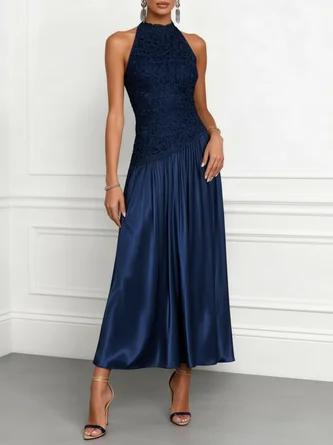 Navy Blue Lace Satin Crew Neck Sleeveless Line Maxi Dress