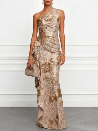 Champagne Jacquard Sequin One Shoulder Sleeveless Mermaid Floor length Gown Dress