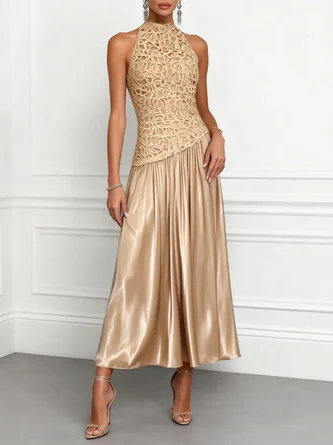 Champagne Lace Satin Halter Crew Neck Sleeveless Line Maxi Dress