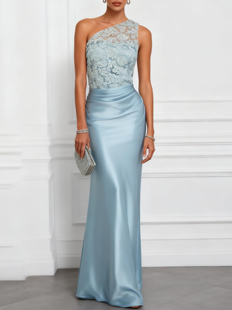 Light Blue Lace Embroidery Ruched Satin One Shoulder Sleeveless Mermaid Floor length Gown Dress
