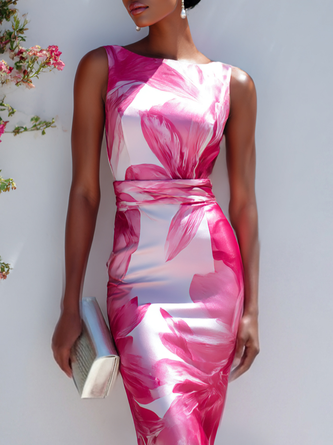 Hot Pink Floral Satin Boat Neck Sleeveless Sheath Midi Dress
