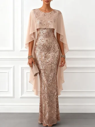 Champagne Glitter Sequin Crew Neck Cap Sleeve Sheath Floor length Gown Dress