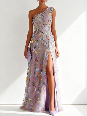 Light Floral Embroidered Classic One Shoulder Sleeveless Line Floor length Gown Dress