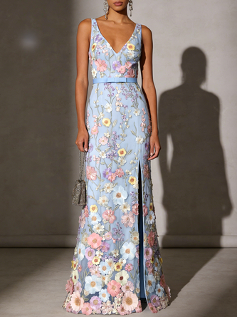 Light Blue Floral Embroidered Classic V Neck Sleeveless Line Floor length Gown Dress