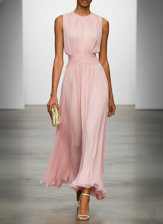 Light Ruched Chiffon Crew Neck Sleeveless Line Maxi Dress