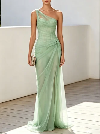 Chiffon One Shoulder Sleeveless Sheath Floor length Gown Dress