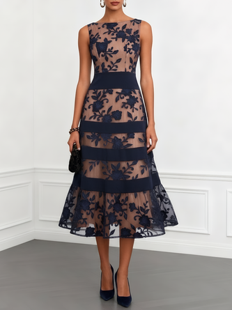 Purplish Lace Jacquard Boat Neck Sleeveless Line Midi Dress