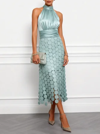 Light Green Satin Ruched Halter Neck Sleeveless Line Midi Dresses