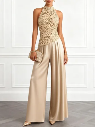 Champagne Lace Halter Neck Sleeveless Dressy Jumpsuit