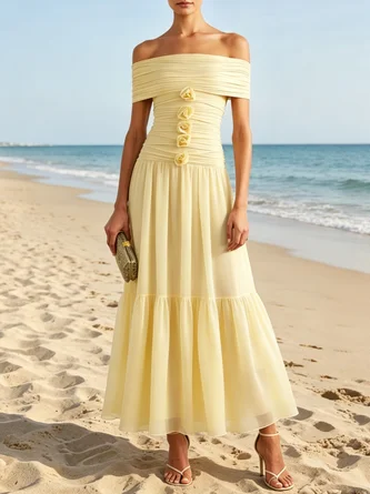 3D Floral Chiffon Off Shoulder Short Sleeve Line Maxi Dress