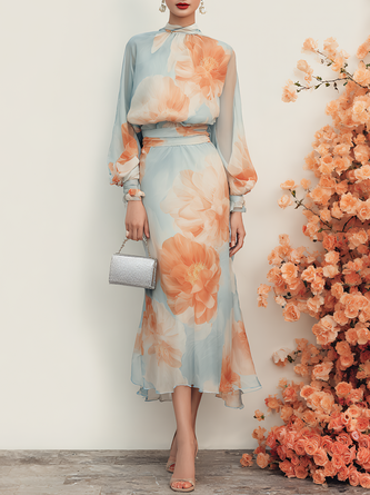 Light Blue Floral Chiffon Mock Neck Long Sleeve Balloon Sleeve Romantic Top Skirt Two Piece Set