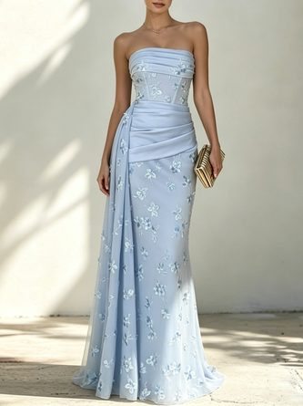 Light Blue Classic Strapless Sleeveless Mermaid Floor length Gown Dress