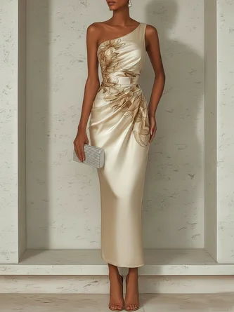 Champagne Floral Satin One Shoulder Sleeveless Sheath Maxi Dress