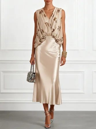 Champagne Glitter V Neck Sleeveless Dressy Top Skirt Two Piece Set
