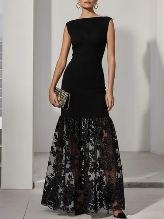 Lace Applique Knit Boat Neck Sleeveless Line Floor length Gown Dress