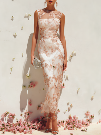 Lace Embroidery Applique Crew Neck Sleeveless Sheath Maxi Dress