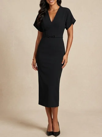 V Neck Belted Sheath Midi Mother Bride Groom Dress