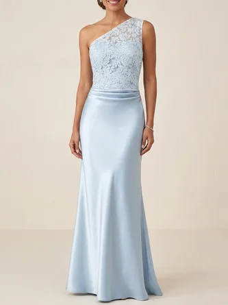 One Shoulder Satin Mother Bride Dress Lace Appliques Formal Floor Length Party Dress
