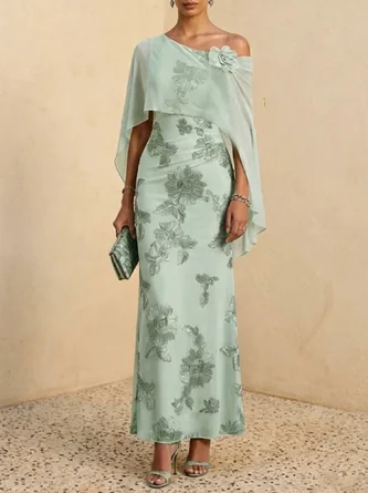 Light Green 3D Floral Jacquard Classic One Shoulder Cap Sleeve Sheath Maxi Dress