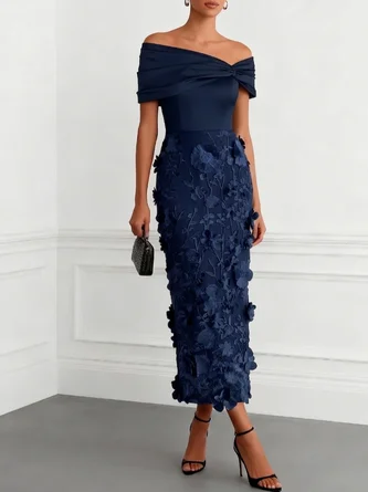 Navy Blue 3D Floral Applique Classic Off Shoulder Short Sleeve Sheath Midi Dress
