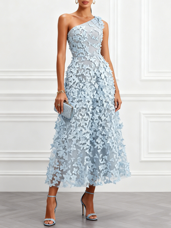 Light Blue 3D Floral Classic One Shoulder Sleeveless Line Midi Dress