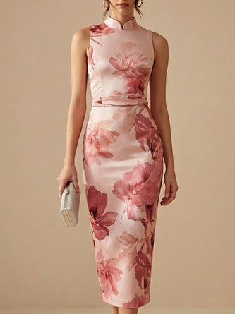 Floral Satin Mock Neck Sleeveless Sheath Midi Dress