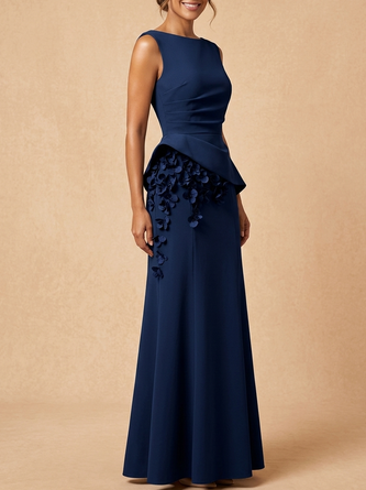 Navy Blue Boat Neck Peplum Maxi Mother Bride Dress 3D Floral Detail