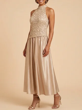 Champagne Lace Bodice Satin Maxi Mother Bride Dress Halter Neck