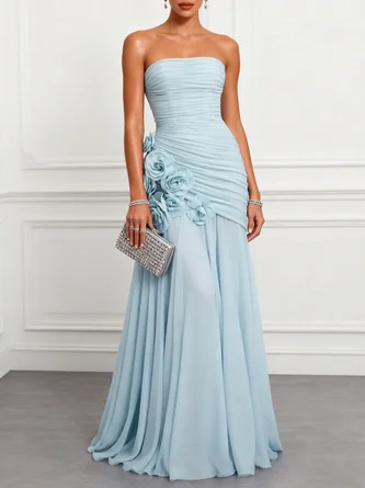 Ruched 3D Floral Chiffon Strapless Sleeveless Line Floor length Gown Dress