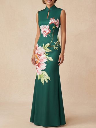 Vintage Dark Green Satin Maxi Mother Bride Dress Elegant Sleeveless Floral Cheongsam Gown