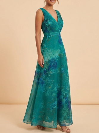 Elegant V Neck Floral Maxi Dress Chiffon Mother Bride Gown Pleated Bodice