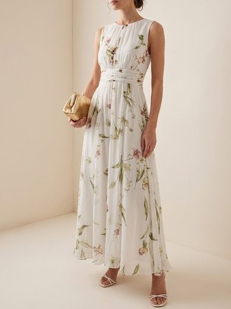 Floral Chiffon Crew Neck Sleeveless Line Maxi Dress