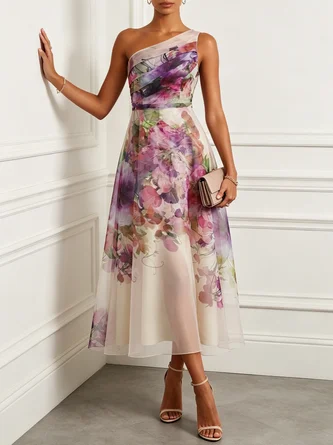 Floral Ruched Tulle One Shoulder Sleeveless Line Midi Dress