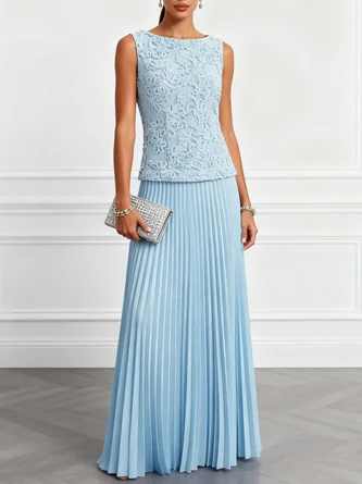 Light Blue Lace Jacquard Classic Boat Neck Sleeveless Line Floor length Gown Dress
